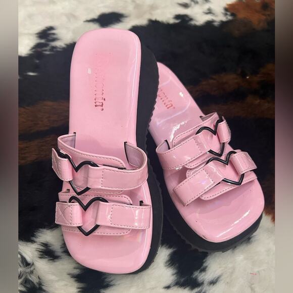 Demonia Flip Pink Hologram Slip On Double Heart Wedge Sandals - Picture 2 of 6